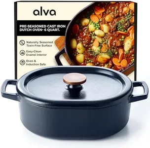 Alva Nori Black Enameled Cast Iron Dutch Oven with Lid & Handles Non Toxic Oven Safe 6 Qt PFAS, PFOA & PFTE Free, Cooking Pot, Cast Iron Cookware, Durable Enamel Coating, Oval Dutch Oven
