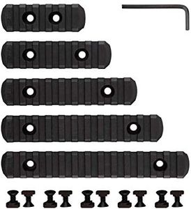5 Piezas de polímero M-Lok Picatinny Rail, 5 Ranuras, 7 Ranuras, 9 Ranuras, 11 Ranuras, 13 Ranuras, Accesorios de sección de riel Ligero con 10 Tuercas T, 10 Tornillos y 1 Llave