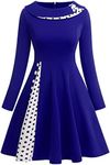 Women Vintage Polka Dot 1950s Audrey Retro Rockabilly Prom Dress 50s Long Sleeve Patchwork Cocktail Party Swing Dress, Royal Blue-long Sleeve, Medium