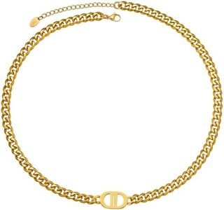 TRIPOD JEWELRY Womens 18K Real Gold Plated Initial Necklace Choker with Double D Letter, 6mm 316L Stainless Steel Diamond-Cut Curb Cuban Link Chain(Custom Box and Pouch Packing for Gift), 16inch,