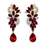 BriLove Wedding Bridal Clip On Earrings for Women Bohemian Boho Crystal Flower Chandelier Teardrop Bling Long Dangle Earrings Ruby Color Gold-Toned