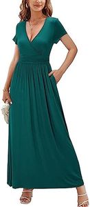 OUGES Womens Short Sleeve V-Neck Wrap Waist Maxi Dress(Green394,S)