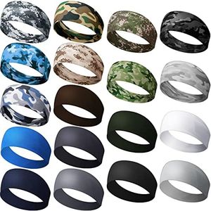 Wavyknot 18 Pcs Sports Sweatbands for Men Women Camo Headbands Workout Non Slip Headbands Breathable Head Band Fitness Stretchy Unisex Hairband for Yoga Running Cycling Ball (Colorful,Mixed)