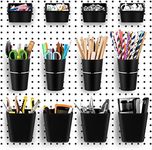 Jinei 12 Pcs Pegboard Bins Pegboard Cups with Hooks and Loops Peg Assortment Organizer Accessories Various Tool Organizer Pegboard Baskets Set for Garage Workshop Workbench Office(Black)