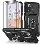 Xiaomi Redmi Note 10 Pro Case, Redmi Note 10 Pro MAX Case with 3 Pcs Tempered Glass Screen Protector Built in Ring Stand Kickstand + Camera Cover, Hard PC Soft TPU Defender Full Body Armor Case -Black