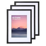 Zemiu 3Pack A3 Picture Frame with Mount for A4, Solid Wood Photo Frame 29.7x42 cm≈12x16inches with Acrylic Glass/Hanging Hooks, for Wall/Desk Pictures Print Display -Black