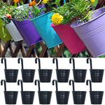 12pcs Hanging Flower Pots 4", Railing Planter, Small Hanging Planters, Iron Balcony Garden Fence Herb Planter, Hanging Metal Bucket Plants Holders Set for Indoor and Outdoor, Black