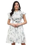 I ENTERPRISE Women's Georgette Grey High Neck Short Sleeve A-line Dress Dress for Women|One Piece Dress for Women|Dress for Women Stylish|Western Dress|Dress for Women|Printed Dress