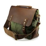 GEARONIC Genuine Leather Canvas Messenger Vintage Satchel Shoulder Bag for School Laptop, Military Green, M