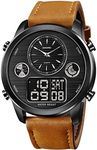 SKMEI World Time Digital Watches Sport Watch Fashion Mens Waterproof Leather Chronograph LED Wristwatch, Black Light-Brown,