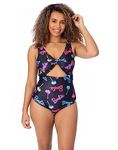 Barbie Womens Swimsuit | Multicoloured All in One Swimming Costume for Ladies | Black Pink Blue Green Palm Tree Doll Classic Logo | Front Knot Two Straps Cossie | Swimwear Merchandise Gift for Adults