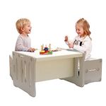 BenaRita Table and Chair Set Multifunctional Children Study Table with 2 Stools Kids Desk and Chairs (White Grey