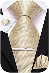 Hi-Tie Lot de 4 cravates classiques en soie pour homme - Pour cravate, poche et boutons de manchette, pince à épingle, bande unie cachemire, Champagne a, M