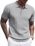 COOFANDY Polo Shirts for Men Casual Knit Polo Shirts Short Sleeve Ribbed Textured Golf Shirt Vintage V Neck Collared Shirts Striped Polos T-Shirts Light Gray