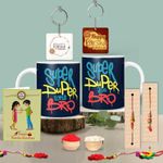 KivStar Super Duper Little and Big Bro White Printed Mug Combo,2 Keychain, Greeting Card and roli chawal. Raksha bandhan Gifts(Ceramic Printed Coffee Mug - 325 ml) (for Little and Big Bro)