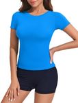 PINSPARK Womens Short Sleeve Workout Tops Double Lined Top Compression Shirts Woman Crop Tops Shirts Crew Neck Athletic Tops Blue M