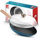 BERGNER Excalibur Lightweight Cast Iron Frypan with Lid 28cm, Sturdy Wooden Handle, Non-Stick Coating, PFAS Free, Perfect Heat Distribution, Elegant Design - Induction Compatible (Blue)
