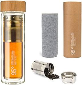 95° Double-Wall Glass Tea Bottle with Removable Stainless Steel Infuser - BPA and BPS Free, Insulated and Leakproof Travel Tumbler for Loose Leaf Tea, Coffee, Fruit - Eco-Friendly (15oz/450ml)
