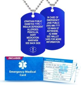 Universal Medical Data Emergency Alert Necklace for Men & Women – Laser Engraved Dog Tag, 18 Lines, Rust-Proof Stainless Steel Chain – Medical Alert Necklace, Emergency Card & PHR Access – Blue