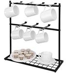 BELLE VOUS Coffee Mug Rack Holder with Storage Base - 40 x 15 x 41cm/15.75 x 5.91 x 16.14 Inches - Mug/Cup Countertop Stand with 14 Hooks - Metal 2-Tier Organiser Tree for Kitchen or Tea/Coffee Bar