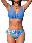 CUPSHE Women's Bikini Swimsuit Front Cross Lace Up Two Piece Bathing Suit, Periwinkle Blue/Floral, Large