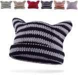 GLGHMH Women's Cat Ear Beanie Hat, Vintage Striped Winter Warm Elastic Cap, Matching Knit Crochet Cat Beanie Hat for Kids Girls Adults(Black-Grey)