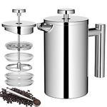 Meelio French Press Coffee Maker Small,600ml/20oz Double-Wall Insulated Stainless Steel, 3 Level Filtration System, French Press for Home, Camping and Office, 2Cup to 4 Cup Silver