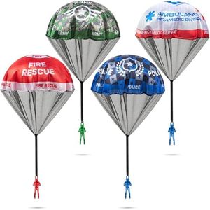 KiddieLoot Parachute Toys for Kids - (Pack of 4) Police, Army, Firefighter & EMT Figures w/Tangle-Free Parachutes - Outdoor Flying Toys for Kids, Party Favors, Birthday Gifts for Boys & Girls Ages 3+