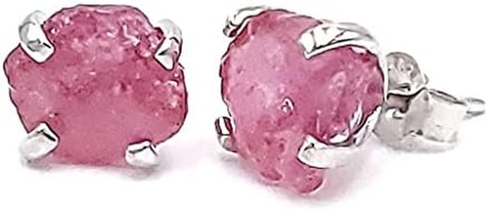 Natural raw ruby stud earrings with white gold over 925 sterling silver, 6 to 7mm rough genuine quality july birthstone gift for her, Uniquelan Jewelry (Ruby (Mozambique))