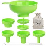 Pisol Wide Mouth Versatile Funnel, Canning Funnels for Kitchen Use, Food Grade Plastic Cooking Funnel Set with 4 Size Spouts and 2 Strainers for Filling Different Bottles and Bags, Green