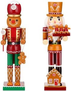 Soaoo 2 Pcs Christmas Nutcracker Ornament 14'' Wooden Nutcracker Figures Traditional Nutcrackers Soldier Christmas Decor with Gingerbread Man for Desktop Table Collectible Decoration (Stylish)