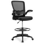 COSTWAY Mesh Drafting Chair, Height Adjustable Swivel Office Chair with Flip-up Armrests, Footrest and Lumbar Support, Ergonomic Rolling Executive Task Computer Desk Chair for Home Office, Black