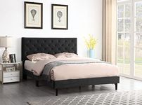 Queen Upholstered Platform Bed Frame with 48" Tall Adjustable Headboard - Button Tufted Suede Velour Bed- Wood Slat Support with Storage Space- No Box Spring Needed- Black - OLIVER & SMITH - Princeton
