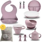 Pumpkin Products® Silicone Baby Weaning Set. Baby & Toddler. Four Suction-Cup Plate, Suction Bowl, Adjustable Bib, Weaning + Stainless Spoon & Fork Sets, Sippy Cup, Collapsible Snack Cup (Pale Mauve)