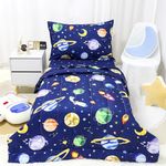 4 Piece Space Toddler Bedding Set for Boys, Premium Blue Toddler Comforter Set Rocket Space Crib Sheets Set Includes Flat Top Sheet, Fitted Sheet, Comforter, Envelope Pillowcase,Ultra Soft