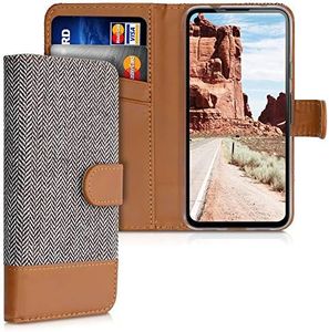 kwmobile Wallet Case Compatible with Google Pixel 4a - Case Fabric and Faux Leather Phone Flip Cover - Light Grey/Brown