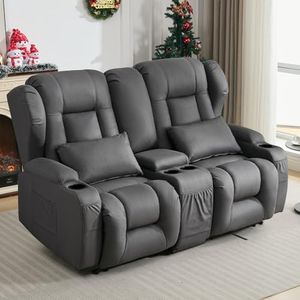 SAMERY 65.5" RV Loveseat Double Recliner With Console | Wall Hugger Reclining Sofa | Theater Seats | Couch | Furniture for RV and Home (Dark Gray)