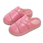 Richmen Unisex Anti Skid Indoor Winter Slippers for Women and Men Flip Flop PU Leather Soft Faux Fur Plush Slides Girls Boys Home Carpet Flats Sandals for Bedroom Slip On Fashion Shoes (Pink,4)