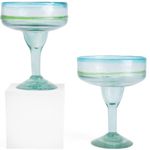 Hand Blown Margarita Glasses – Set of two Beautiful Glasses With Aqua Rims – Handcrafted by Talented Artisans – Hold 10 Ounces Each -Thick & Sturdy – Easy to Hold – Each Glass is Unique