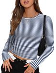 Zeagoo Crew Neck Long Sleeve Shirts for Women Casual Striped Tight Rib Knit T Shirt Basic Tee Dressy Shirt