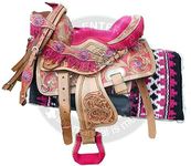 Deen, Enterprises Youth Child Premium Leather Western Barrel Racing Pony Miniature Horse Saddle Tack, Size 10 to 12 Inch Seat Available, Get Leather Headstall, Breast Collar,Reins (10)