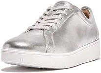 FitFlop Women's Rally Leather Sneakers with Flexible, Slip Resistant Rubber Outsole and Anatomicush Midsole, Old-School Tennis Shoe Style, On The Go Ergonomic Padded Footwear, Silver, 9