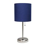 Limelights LT2044-NAV Brushed Steel Stick USB Charging Port and Navy Fabric Shade Table Lamp,