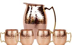 Rastogi Handicrafts Pure Copper Hammered Jug *New* Copper Moscow Mule Water Pitcher Heavy Gauge Pure Solid Hammered with Set of 4 Beer Wine Mug