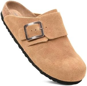 AEROTHOTIC Genuine Leather Clogs for Women with Arch Support Memory Foam Cork Footbed Indoor and Outdoor Adjustable Buckle Potato Shoes Comfortable Mules (Atlas Camel, Size 10-10.5)