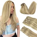 DOORES Clip in Hair Extensions Real Human Hair, Light Blonde Highlighted Golden Blonde 150g 9pcs 18 Inch, Real Hair Extensions Clip in Human Hair Natural Thick Human Hair Extensions Clip ins Straight