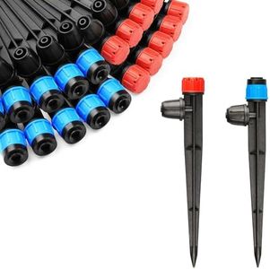 50 Pieces Drip Emitters with Stake for 1/4" Irrigation Tubing, Adjustable 360 Degree Water Flow Irrigation Universal Sprayer, 20pcs Blue Drippers Sprayer and 30pcs Red Drip Irrigation Emitters