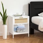 Anmytek Modern Wood Nightstand for Bedroom, Mid Century Side Tables Bedroom with Natural Rattan Drawer, White Farmhouse Night Stands Bedside End Table Storage Drawer and Open Shelf, H0052