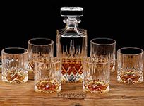 PrimeWorld European Opera Crystal Clear 7 Pcs Decanter and Glasses Set- Stylish 1 Decanter and 6 Pcs Glass Set - Perfect for Whiskey, Scotch, Wine, Vodka, Tequila, Rum etc (28 Ounces)