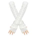 Feelorna Arm Sleeve Winter Warmer, Fingerless Stretchy Gloves Long Arm Warmers with Thumb Hole for Women (White)